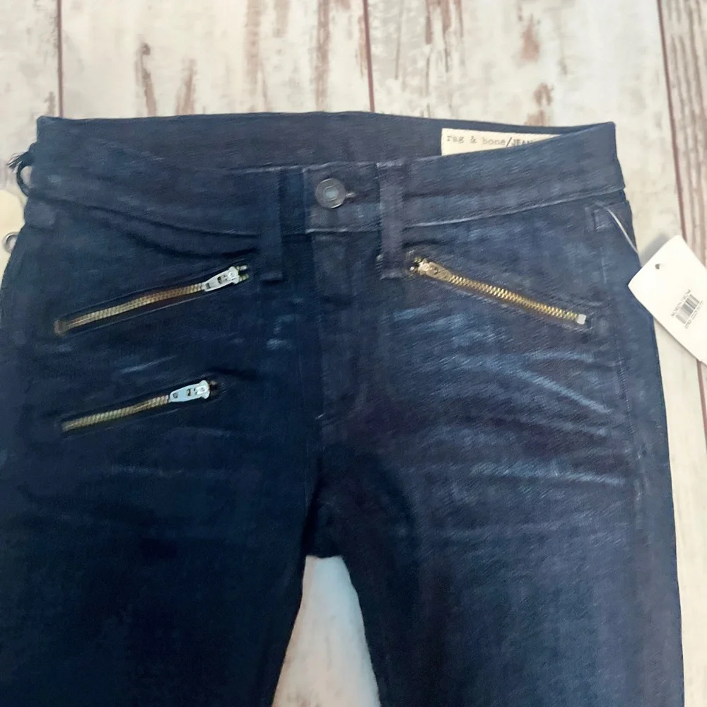 Rag & Bone Kensington Moto Skinny Jeans Dark Blue Zip Detail Size 24 NWT - Picture 11 of 16